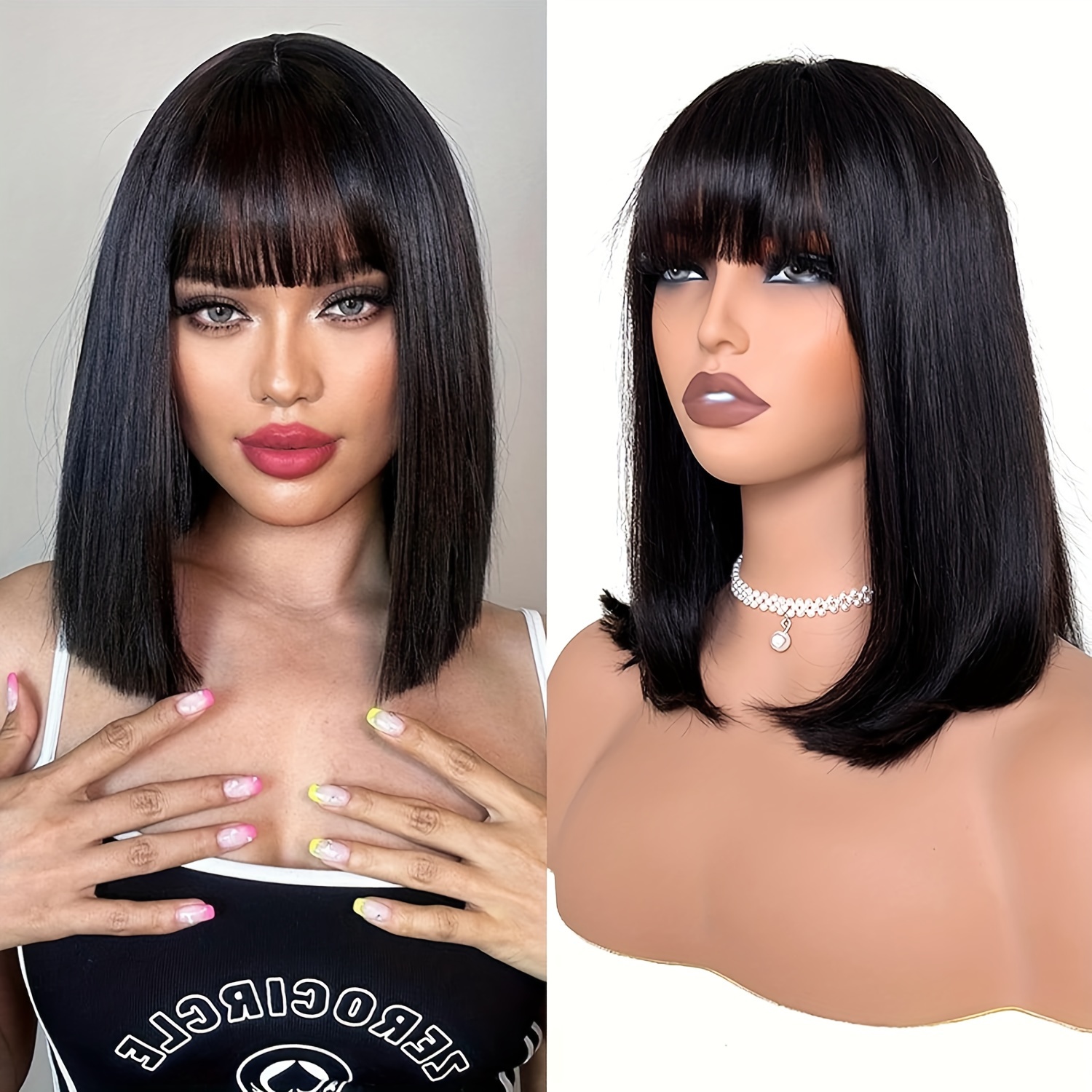 

12inch Short Bob Wig With Bangs Human Hair Straight Bang Bob Wig Brazilian Human Hair Wigs With Bangs For Women Natural Color 150% Density