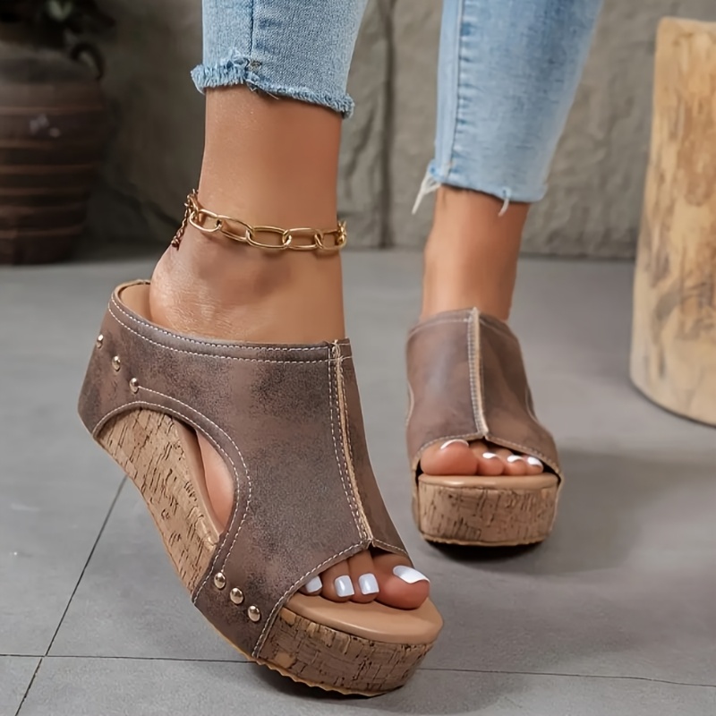 Elegant Women's Open Toe Wedge Sandals - Brown Faux Cover with Golden Studs, Ankle Strap, Rubber Sole, Slip-On Summer Beach Shoes for Casual or Dressy Outfits, Summer Beach Footwear | Mary Jane Style | Durable Pu Sole, Ladies Sandals