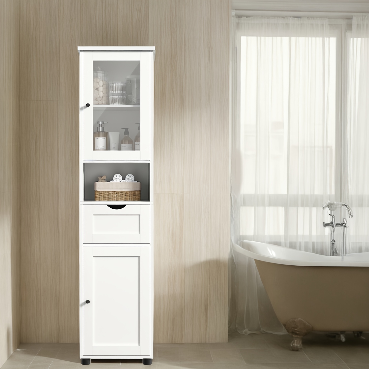 E-shop Hoher Badezimmer Schrank, schlanker Badezimmer Aufbewahrungsschrank, offene Regal, Glastür, verstellbare Regale, platzsparend