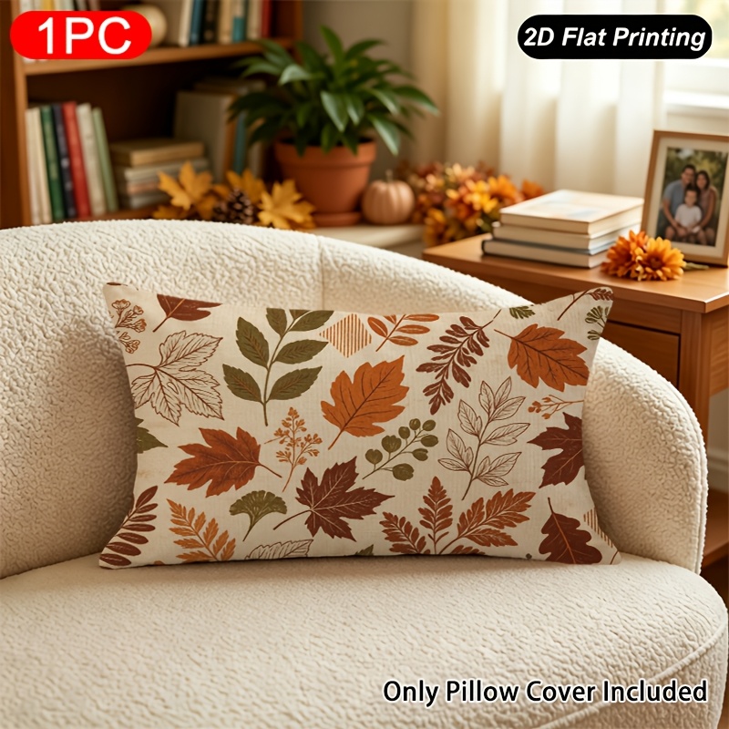 TEMU 1 Housse de coussin lumbar courte en peluche d'automne, Housse de coussin feuille d'érable d'automne, avec fermeture éclair, Impression simple