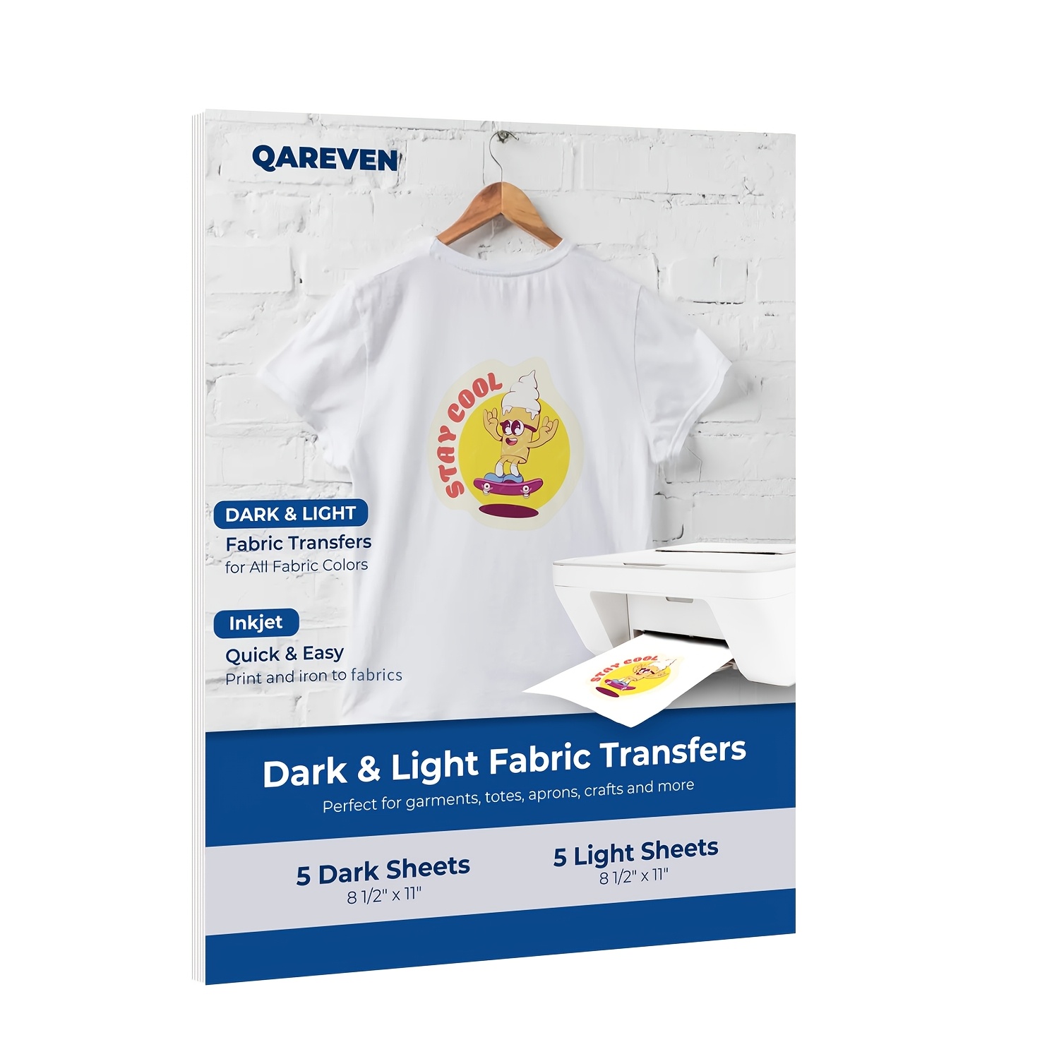 

Qareven 8.5x11" Heat Transfer Vinyl Sheets - Transparent, Iron-on Paper For All Fabric Colors, Includes 5 Light & 5 Dark Sheets