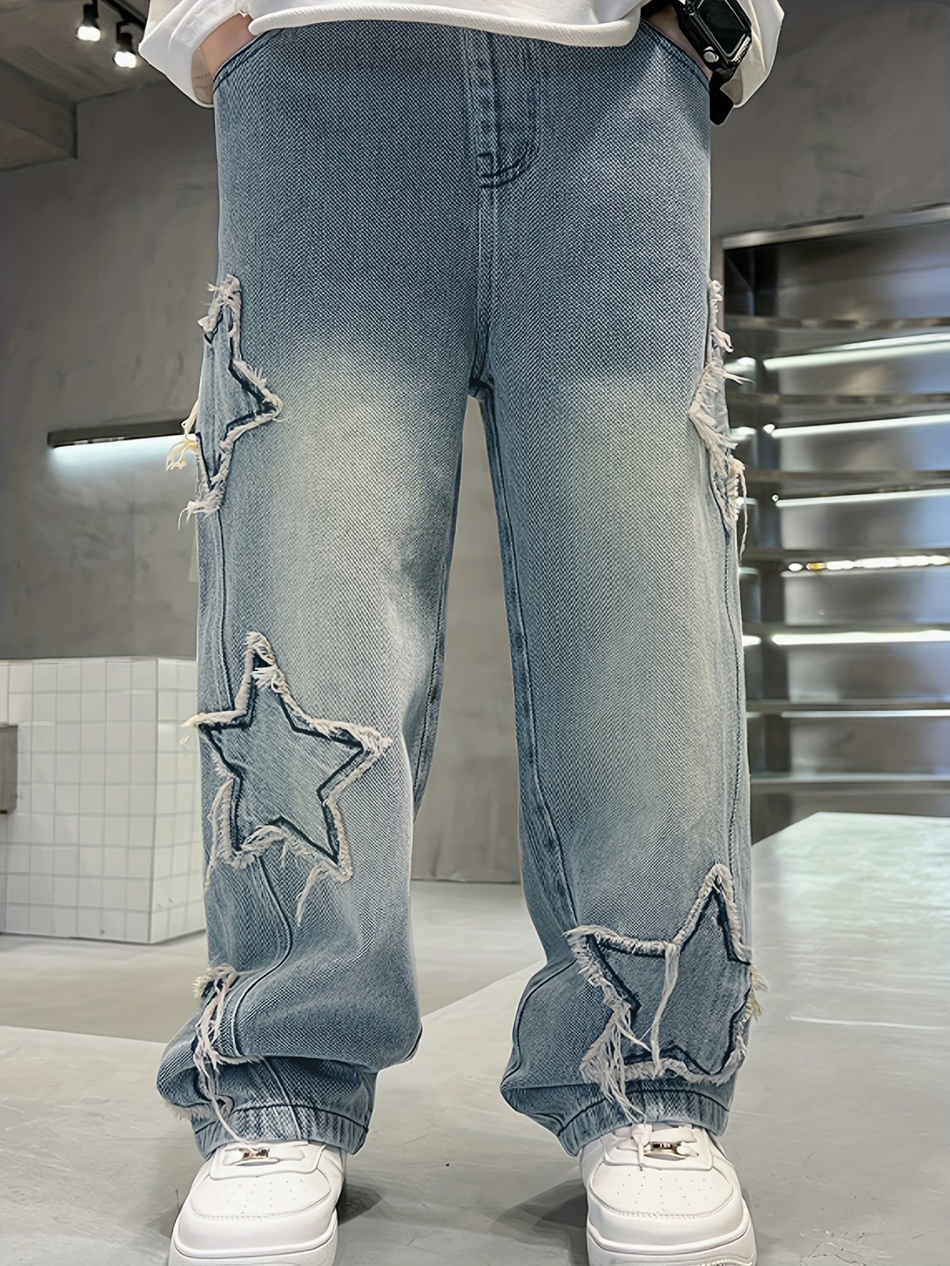 boys casual distressed star patch wide leg jeans loose fit Temu