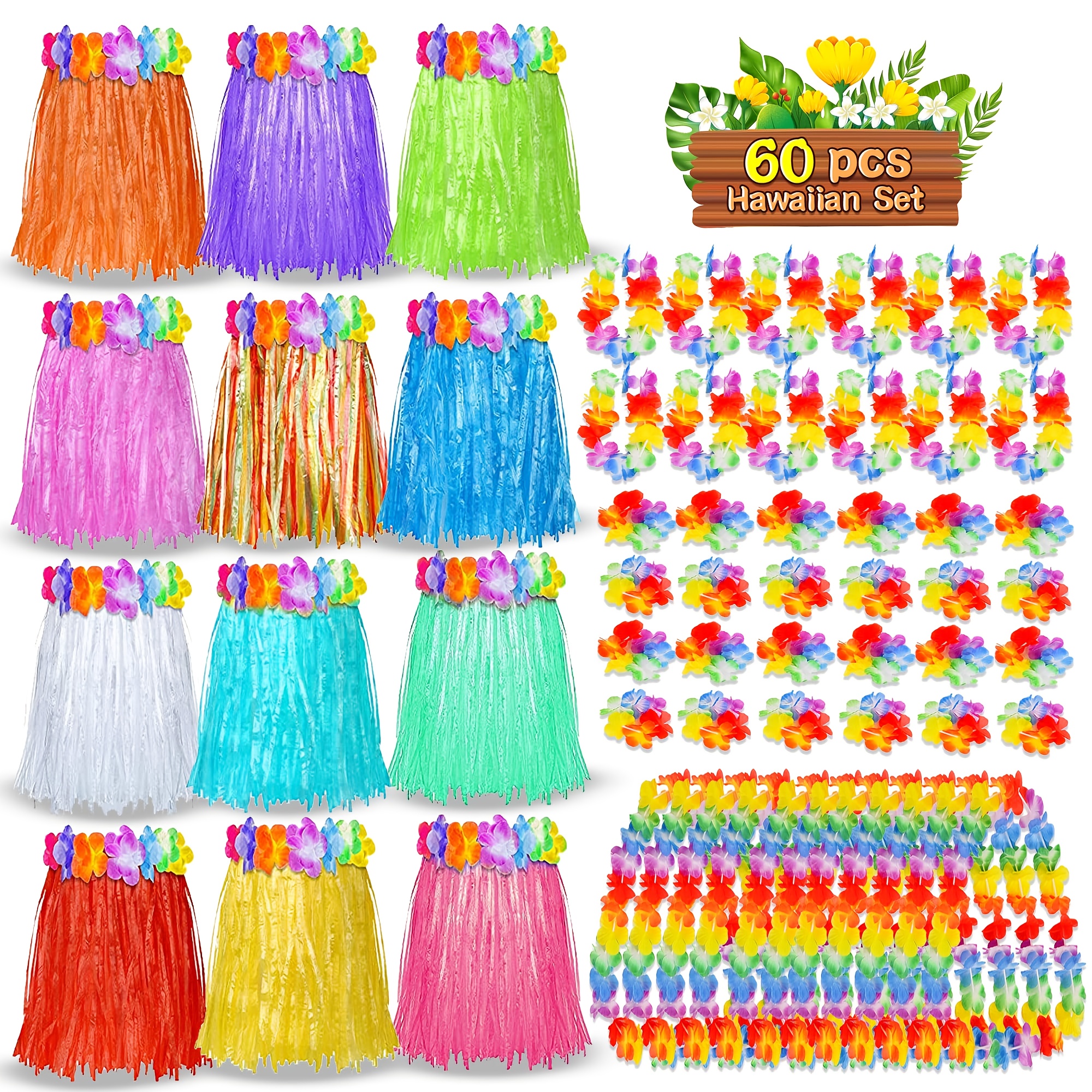 60pcs hawaiian skirts leis bracelets plastic grass skirts with hawaiian dance costumes for tropical luau party decorations hawaiian themed dance performances   for dance practice bulk hawaiian outfits