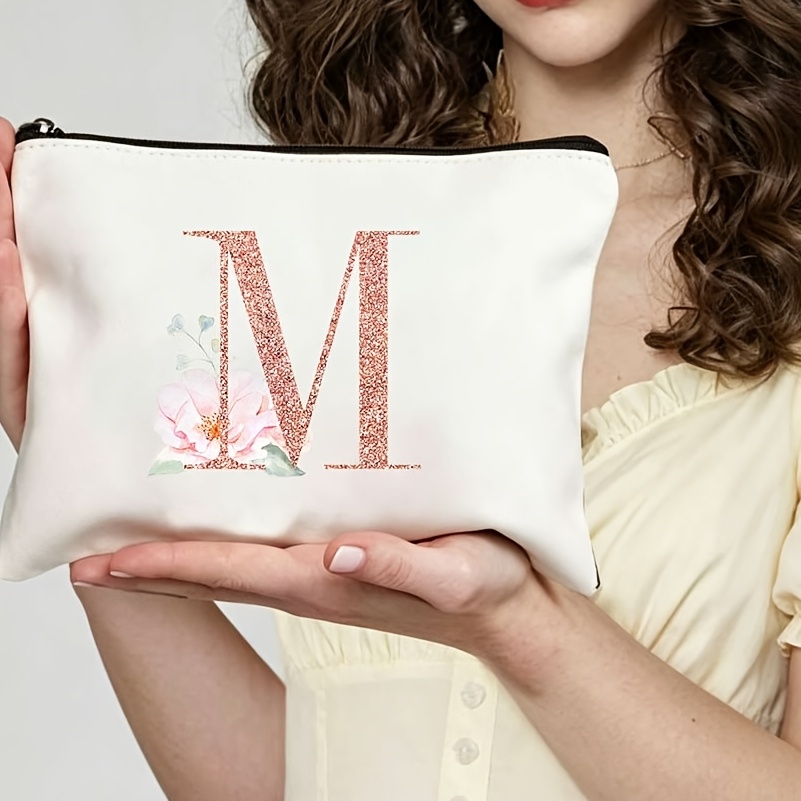 TEMU 1pc Rose Golden Glitter Letter A- Bag Suitable For , Large Capacity Travel Cosmetic Organizer With Initials, Lightweight Reusable Toiletry Bag,