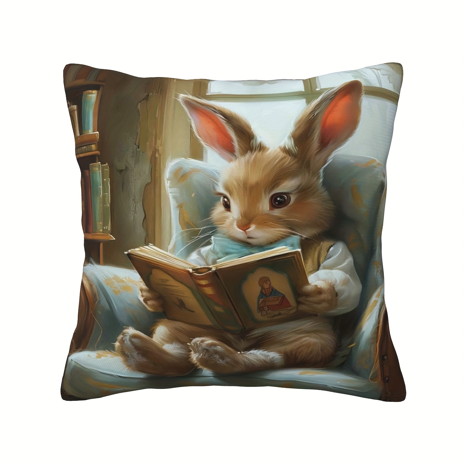 TEMU 1pc, Cute Reading Book, Single-sided Printed, 44*44cm. And A White 18*18 Inch Throw Pillow Cover For Decoration In Living Room, Bedroom Or