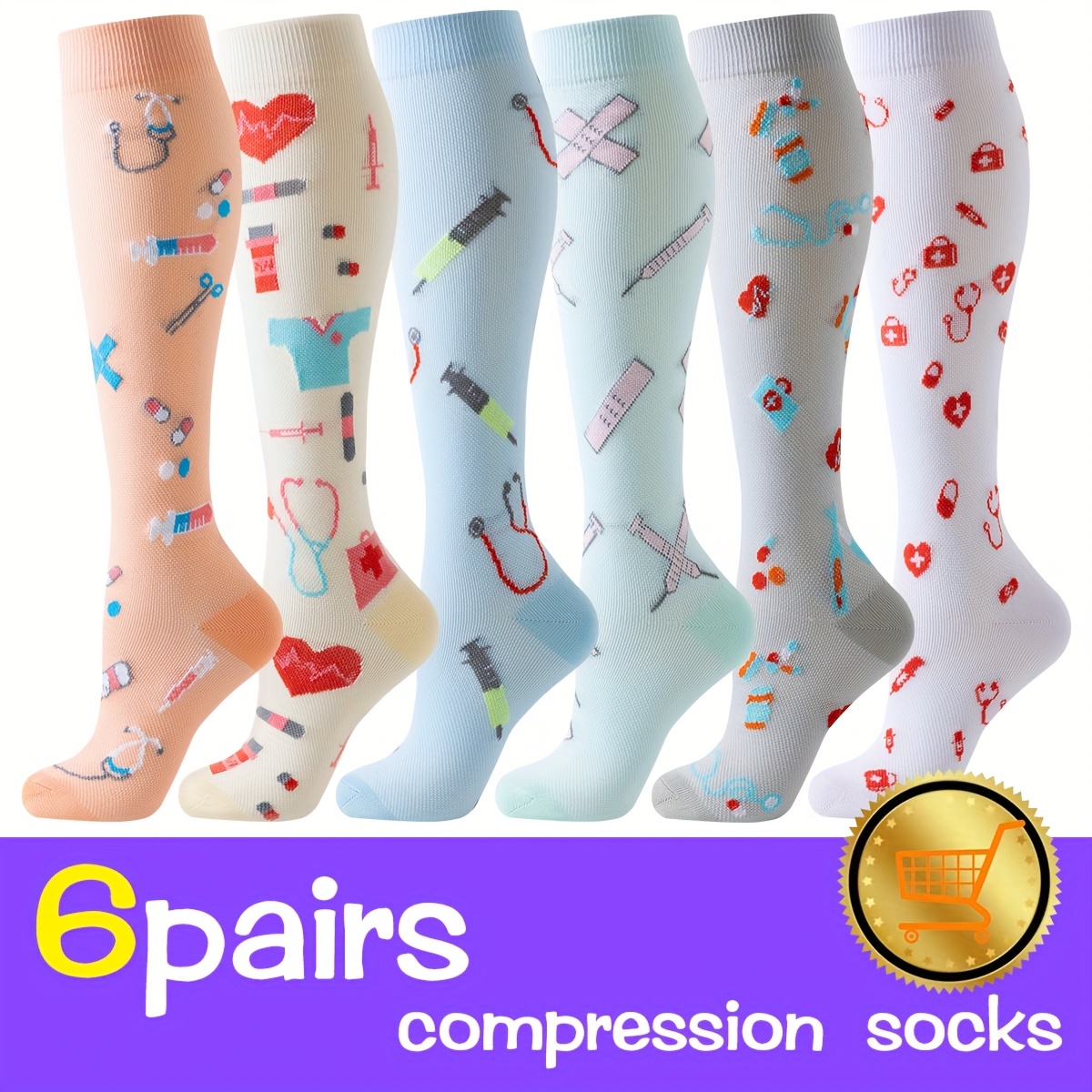 6 pairs womens athletic compression socks cute cartoon patterns breathable knee high socks for running cycling hiking travel nylon blend   support cute socks