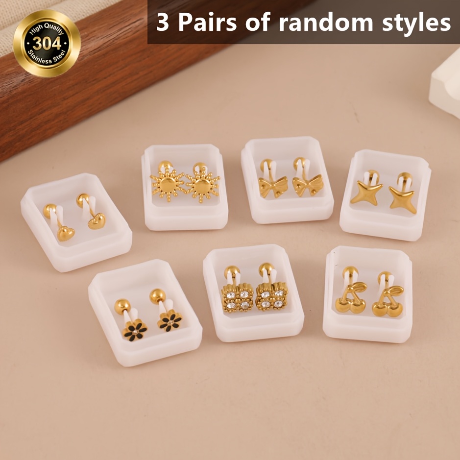 TEMU 3 (estilos aleatorios) de aretes de espárrago de acero inoxidable 304 para /verano con incrustaciones de circonita cúbica sintética de estrella