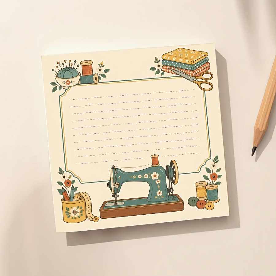 TEMU Vintage Sewing Craft Lined Non-sticky Notes Memo Pad, Retro Sewing Machine Floral Border Notepad For Journaling, Desk Decor, School Office