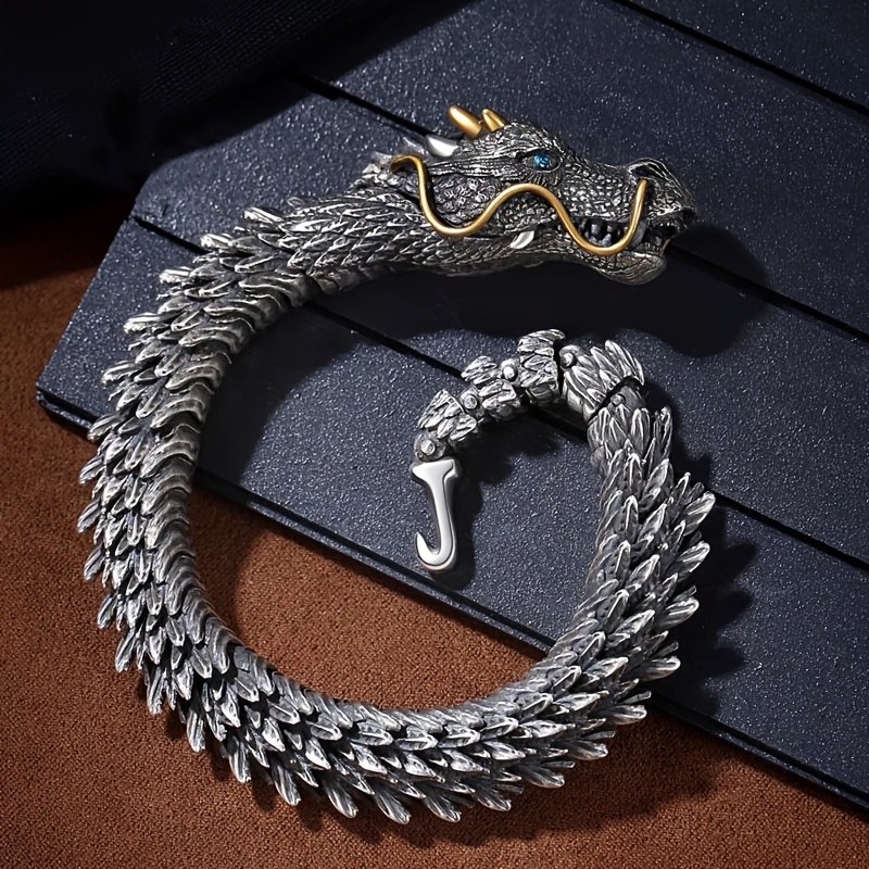 2025 Moda Original Hecho a Mano Vintage Dragon Head Bracelet para Hombres - Diseño de Aleación Plateada y Dorada, Escamas Detalladas y Elegante, Ideal para Regalos, Fiestas y Festivales, Accesorio Festivo | Accesorio Elegante | Artesanía Detallada, Joyería de Dragón