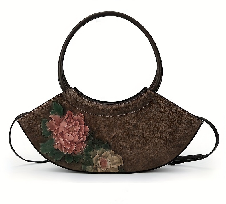 Vintage Floral Genuine Leather Handbag for Women - Lightweight Top-Handle Messenger Bag with Lace Embellishment, Adjustable Strap, Zipper Closure, from Guangzhou - Elegant Occasion with Positioning Printing And Paint