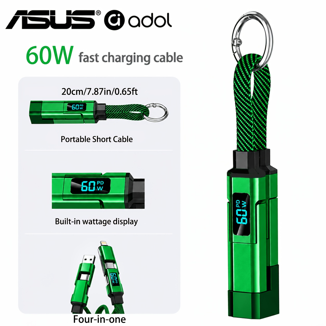 TEMU [four-in-one] Asus 60w Super Fast Charging Four-in-one Hanging Data Cable Suitable For Iphone 15-18 , Ipad Pro, For Galaxy Charging Usb-c To