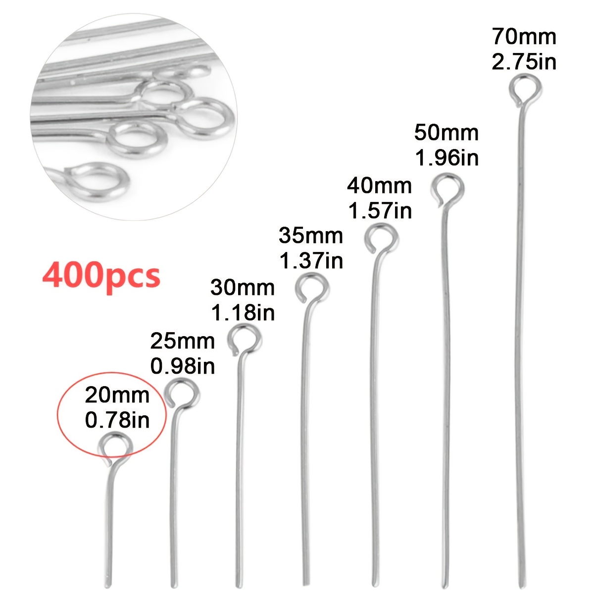 E-shop 400 Stück 20mm lange Edelstahl Augenstifte, farbecht, rostfrei, biegsam und zuschneidbar, geeignet für handgefertigte Armbänder, Halsketten,