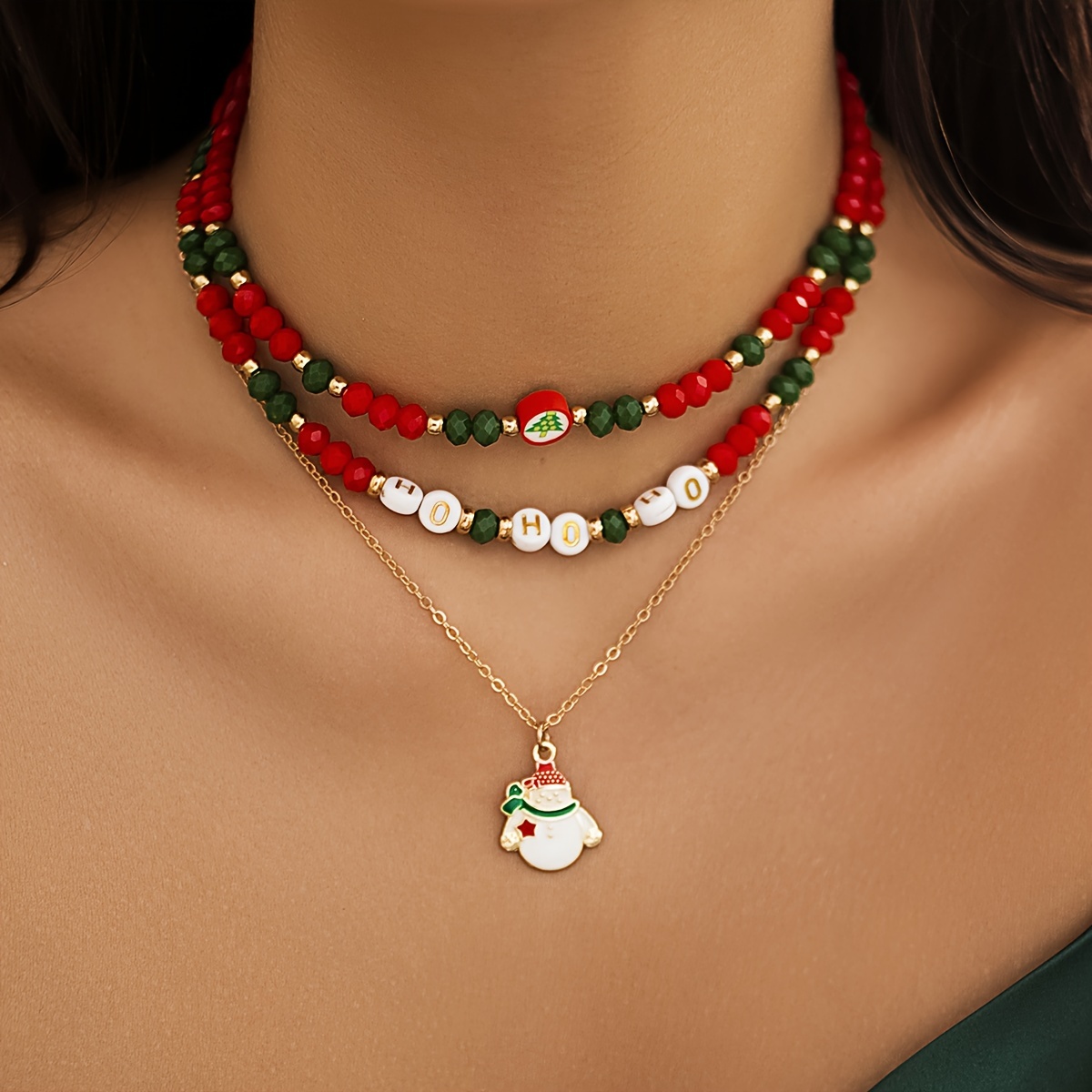 

Festive Christmas Beaded Necklace Set With Snowman Pendant - Perfect For Holiday Parties And Celebrations