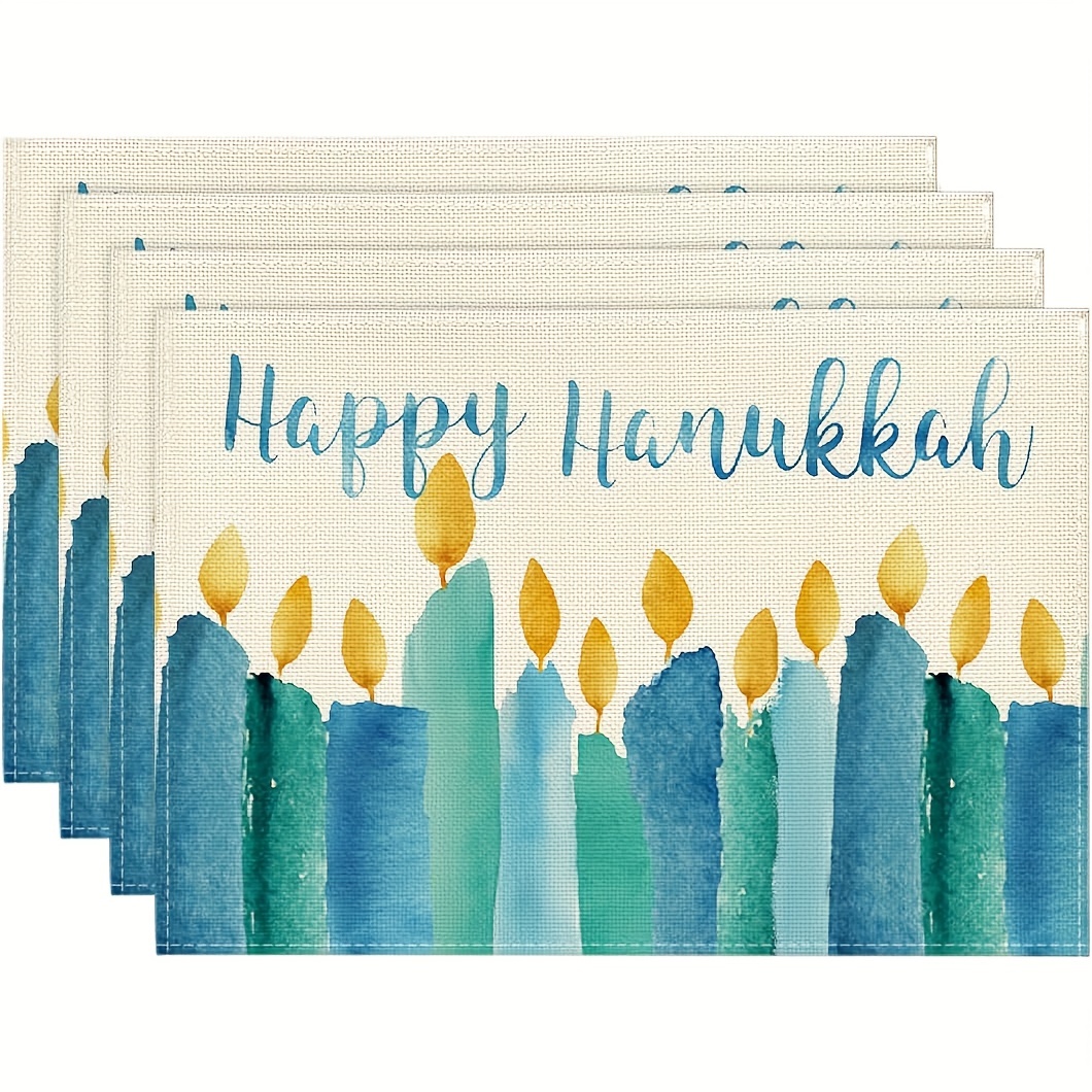 

4pcs Hanukkah Placemats Set, 12x18 Inch, Watercolor Candle Design, Machine Washable Linen Table Mats For Holiday Dining & Kitchen Decor