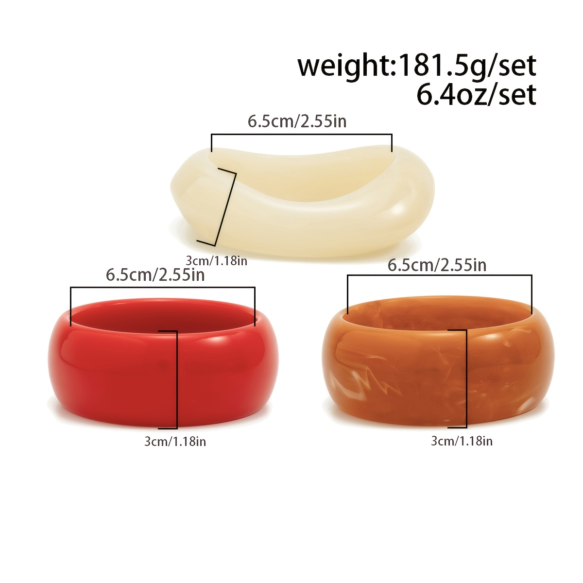 3pc Wide-Style Resin Bangle Set, Teardrop & Round Design