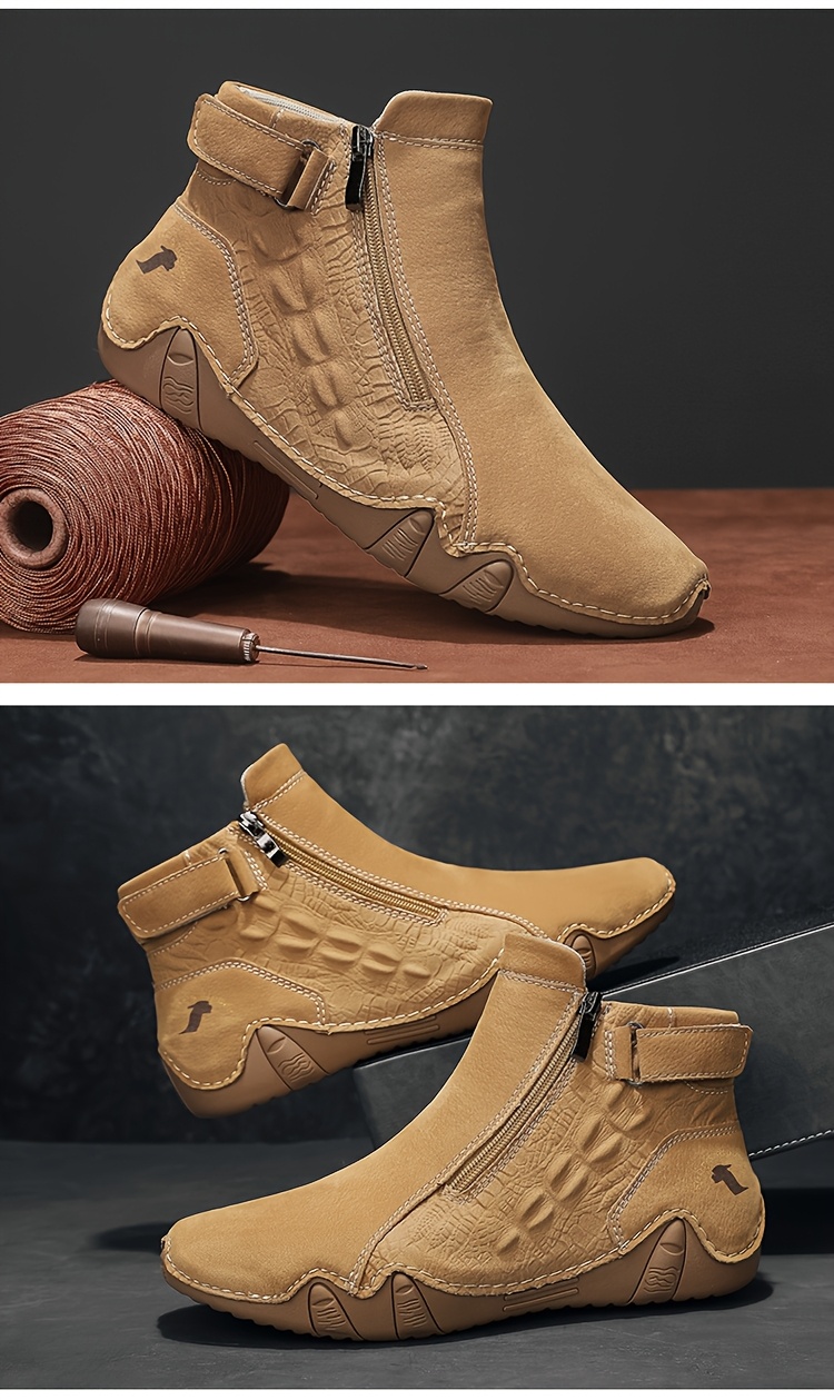 [Handmade Boots] Large Size Men's Boots | Zippered Slip-on Upper 38-48 Octopus Mid-top Rubber Sole Handmade Outdoor Boot Casual Walking Shoes