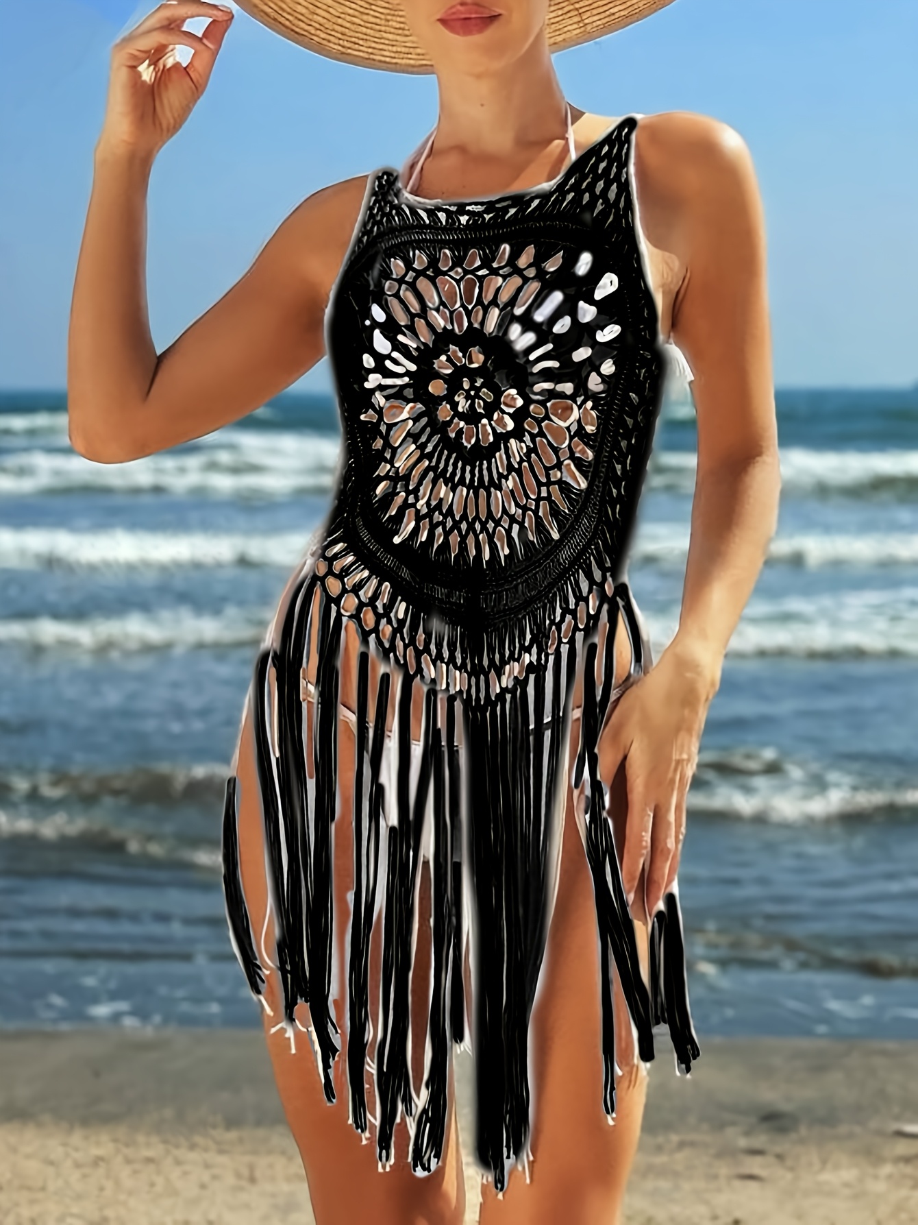 slim fit dress slacks Yellow Crochet Mini Dress with Fringe Summer Festival – FINESSE main image 0