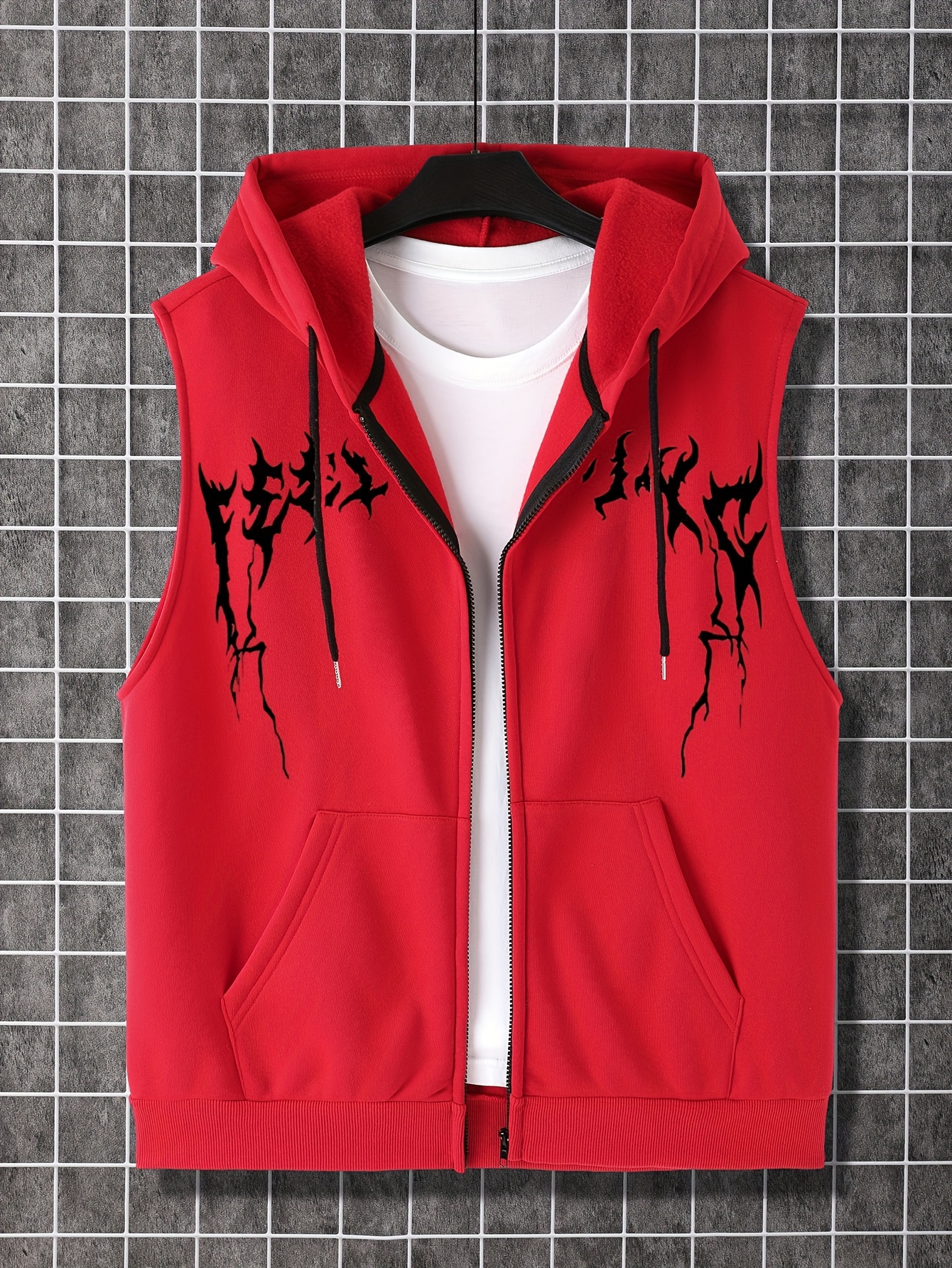 *'s Sleeveless Zip-Up Hoodie with Black Graphic Print Vibrant Red Casual  Streetwear Machine Washable Regular Fit Pullover, Streetwear Fashion,