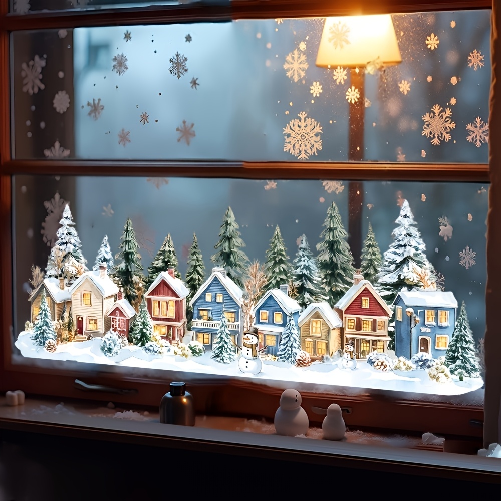 TEMU Winter Snow Scene Town Flat Glass Sticker; Christmas Atmosphere Village Element Static Window Cling; Living Room And Bedroom Floor-to-ceiling