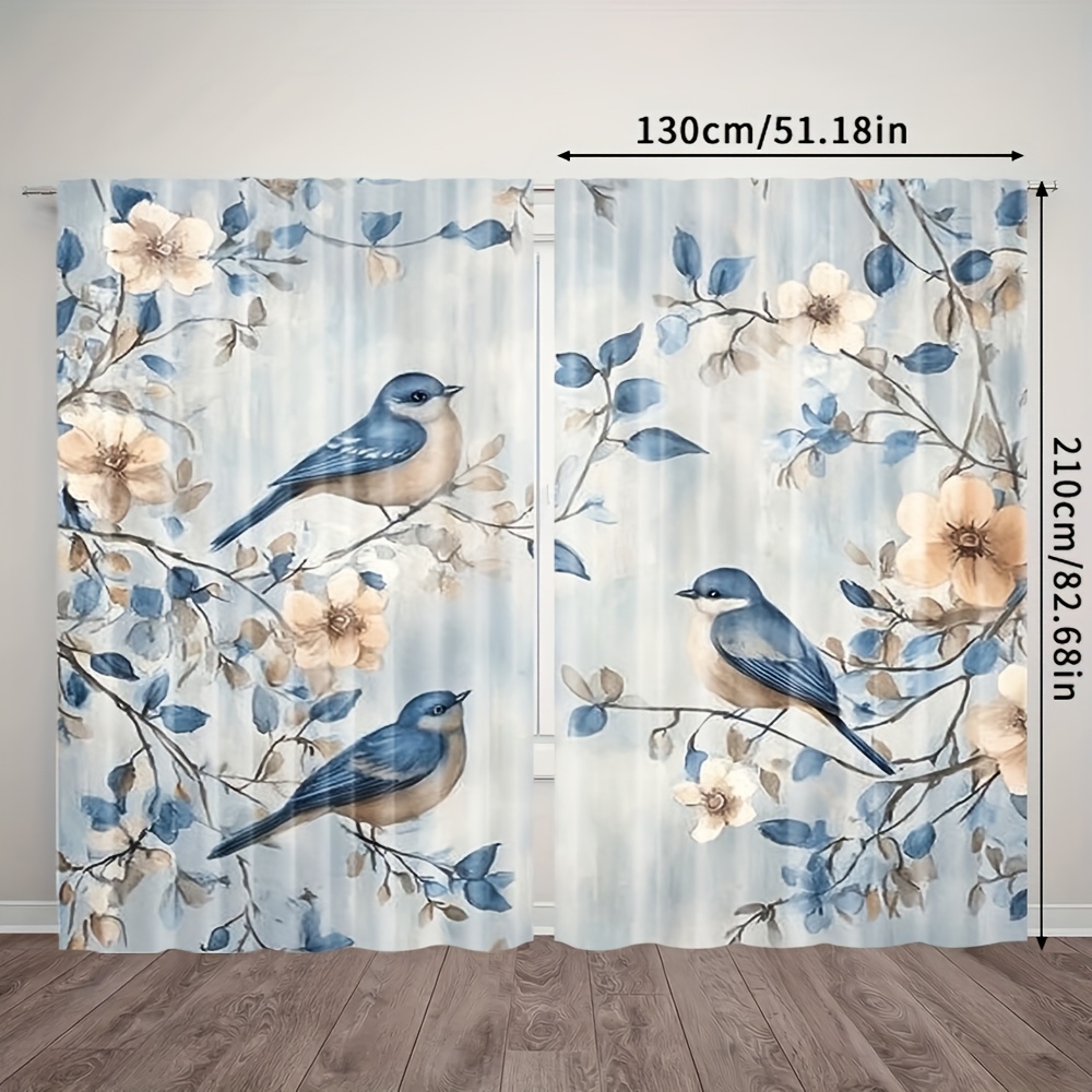 TEMU 2pcs Panels Contemporary & Bird Print Curtain - Filtering Window Drapes With Botanical, Soft Polyester Fabric Suitable For Bedroom, Bathroom,
