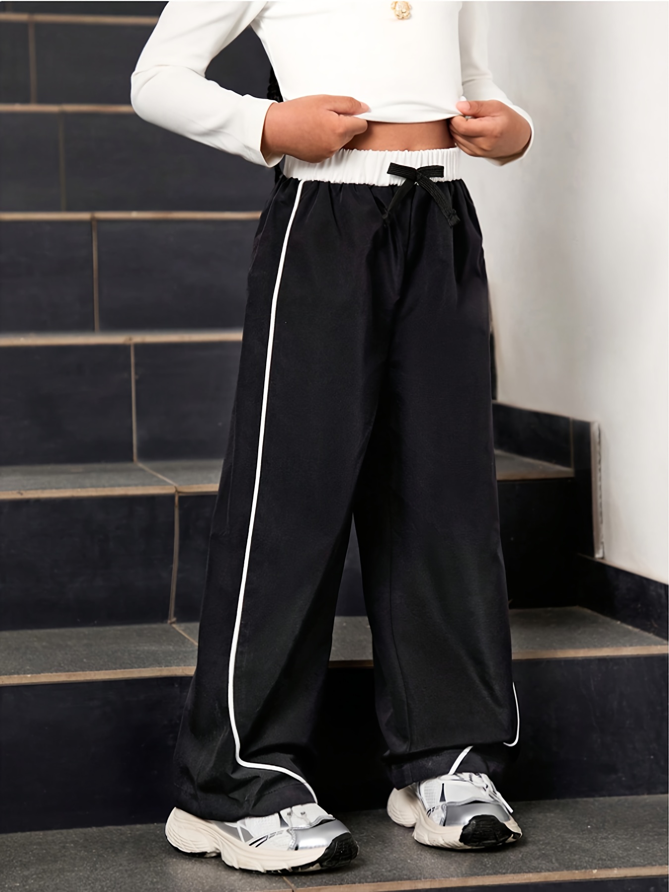 Girls' Color-Block Webbing Windproof Cargo Wide-Leg Pants