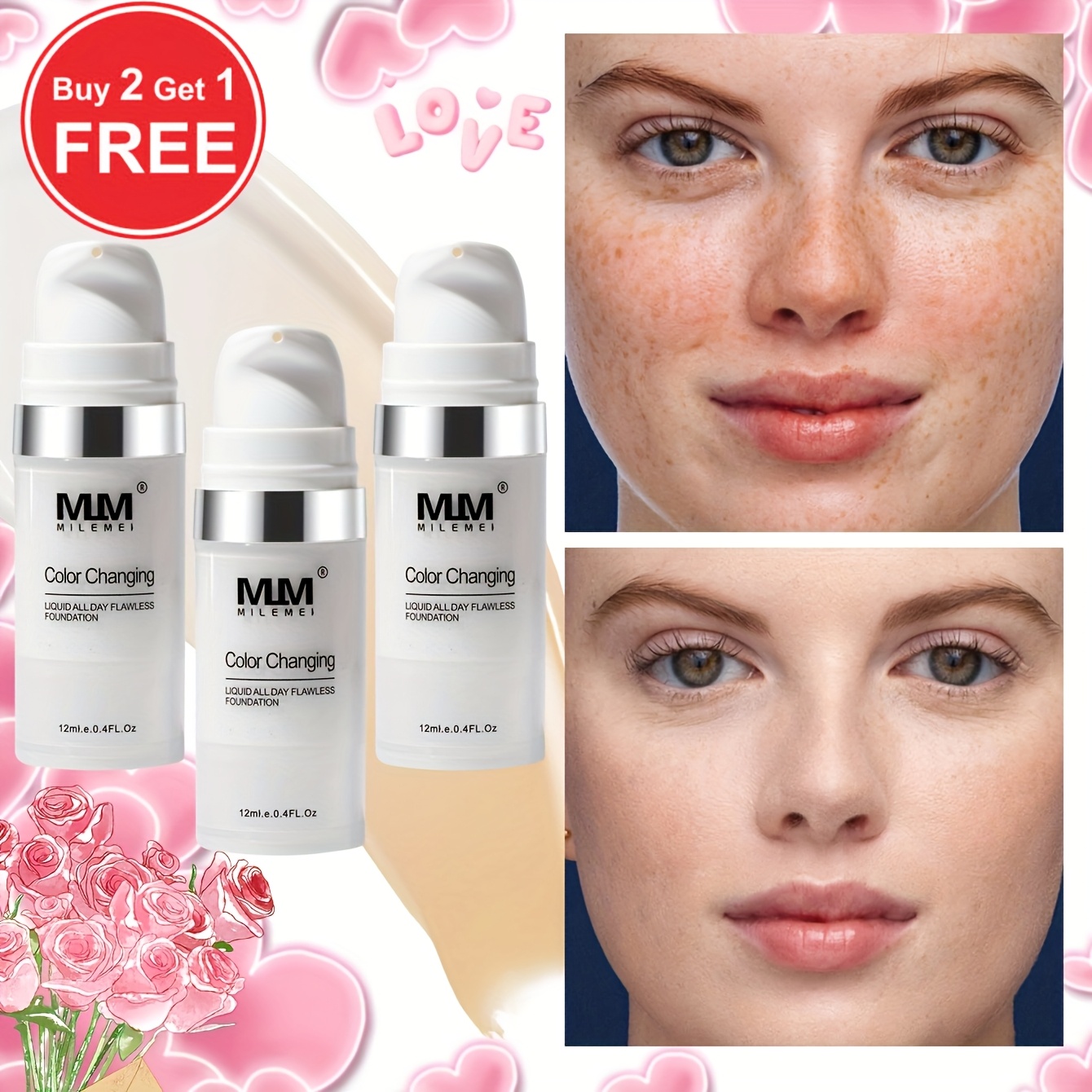 TEMU 3 pièces MMM Fond de Teint BB Crème Changeant de Couleur, Finition Mate, Base -Brillance et Correctrice, Longue Tenue et Résistant aux , Tous