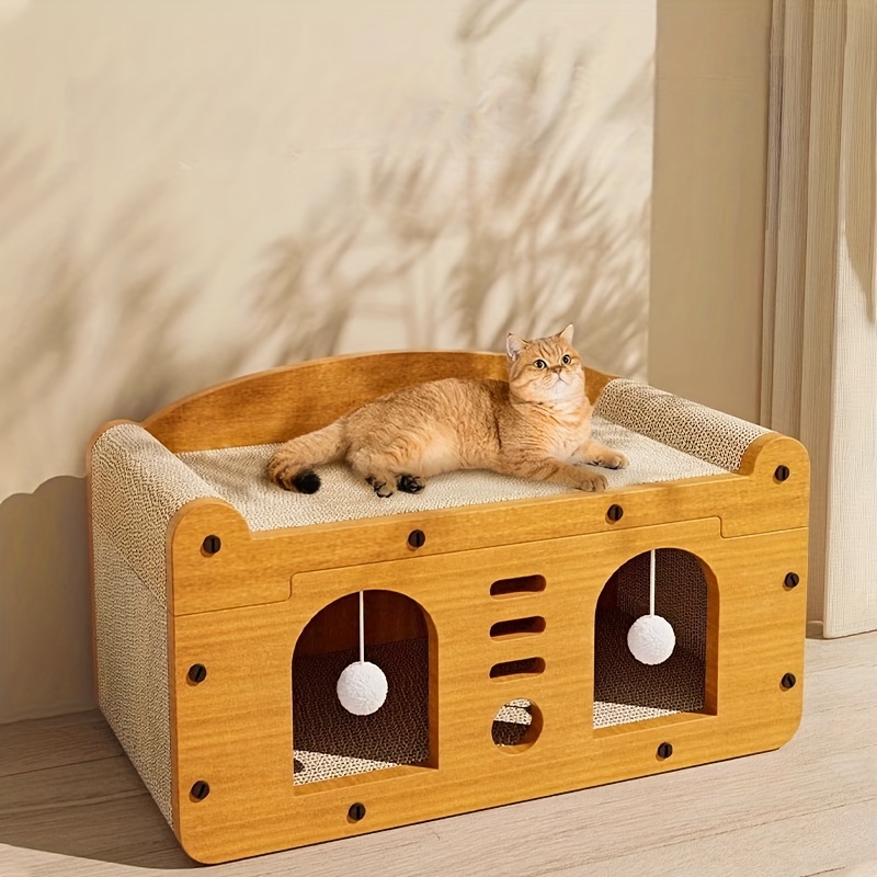 

Gratteur de chat en carton à double couche ondulée, maison de jeu pour chat avec lit intégré, tour de chat résistante aux griffes pour toutes les avec balles de jeu - Matériau en carton pour