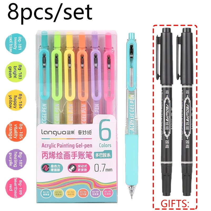 TEMU Languo 8pcs Mixed Gel Pen Set, 6 Vibrant Drawing Gel Pens + 2 Drawing Markers, 0.7mm Cs Tip Retractable Design, Smooth Writing And Comfortable