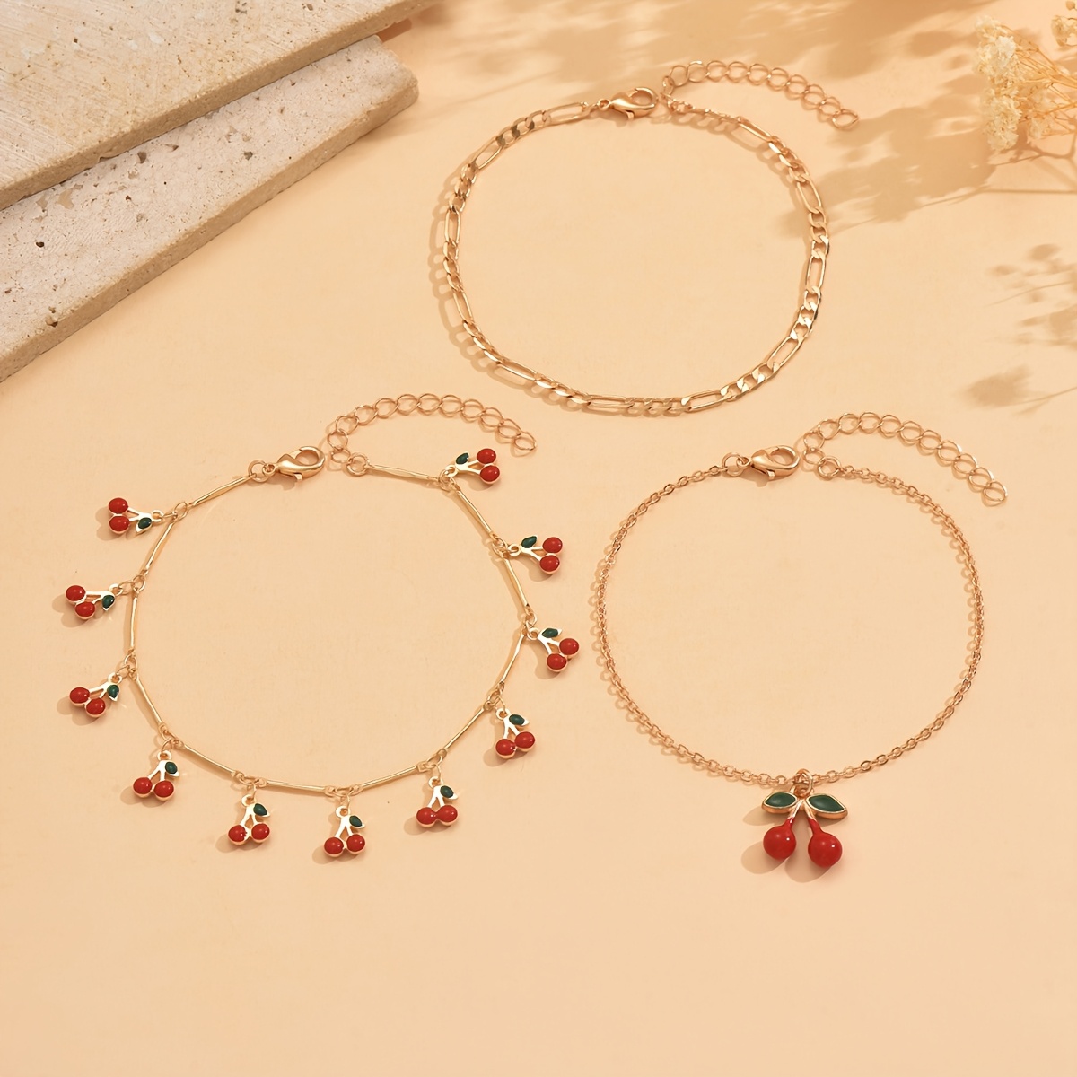 Image of 3pcs Women' -plated Cherry Ankle Bracelets - Elegant & Anklet Jewelry Suitable For Parties, Vacations, Dates - Cute Cherry Daily Accessories, Christmas Gift For Wife Or Girlfriend