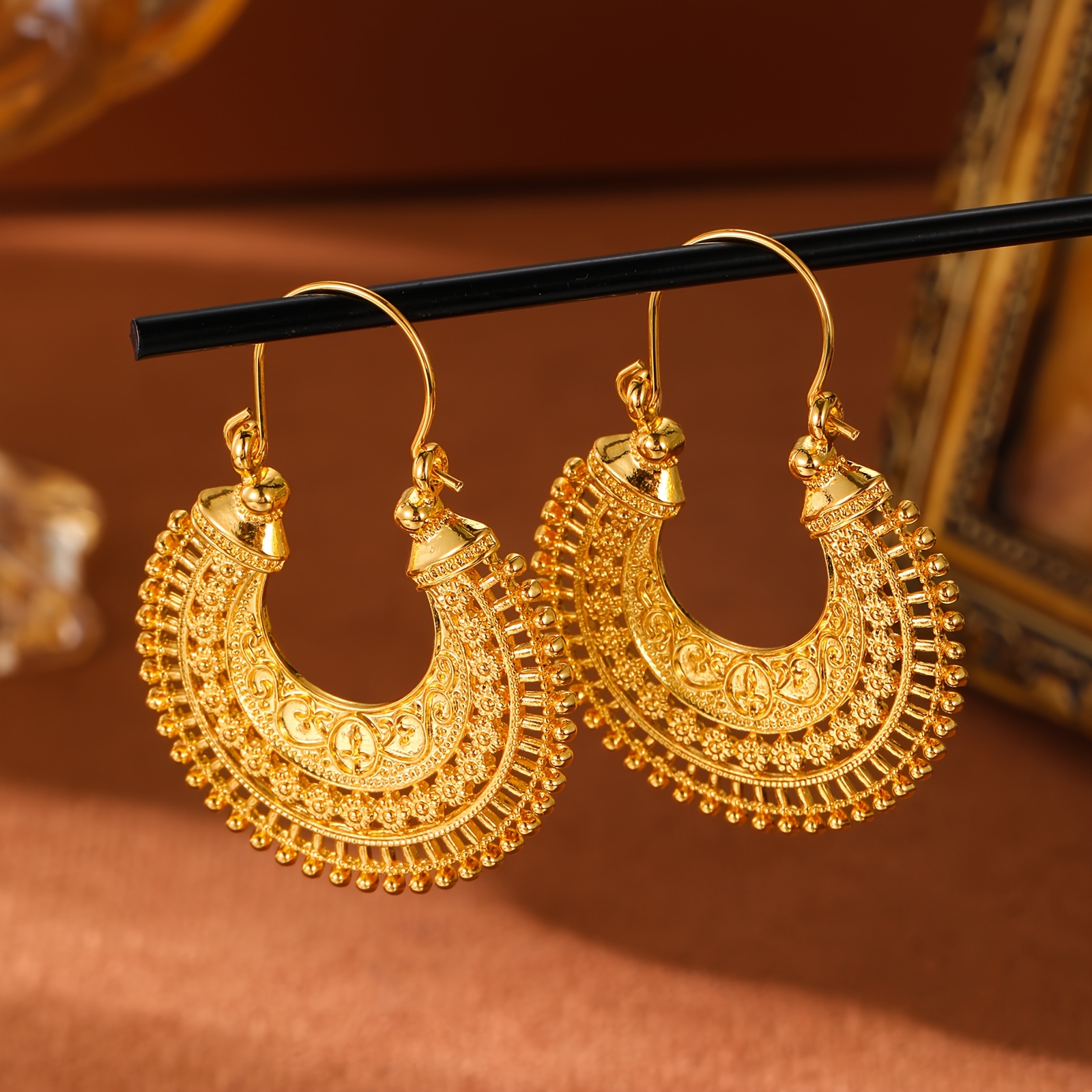 TEMU Pair Of Bronze Bohemian Ethnic Minimalist Hoop Earrings, Women's Jewelry For Parties And Casual Attire, Celebrating Cultural Festivals