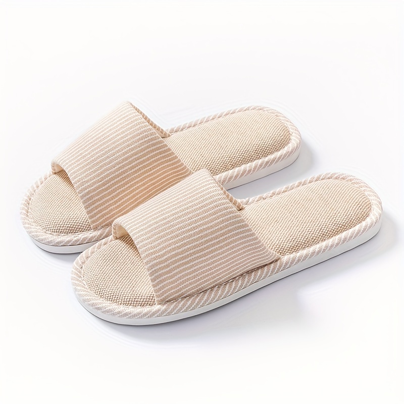 

Minimalist Striped Linen Slippers For Women, Lightweight & Breathable Open Toe Shoes, Casual Indoor Floor Slippers