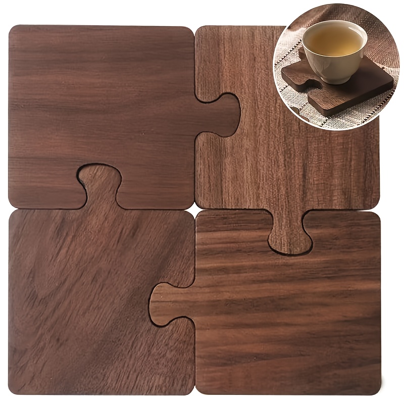 TEMU 4 Vintage Wooden Jigsaw Puzzle Coasters With Insulated Bottoms, Suitable For Desks, Bars, And Home Decoration. Thanksgiving, Halloween, And Christmas Decorations