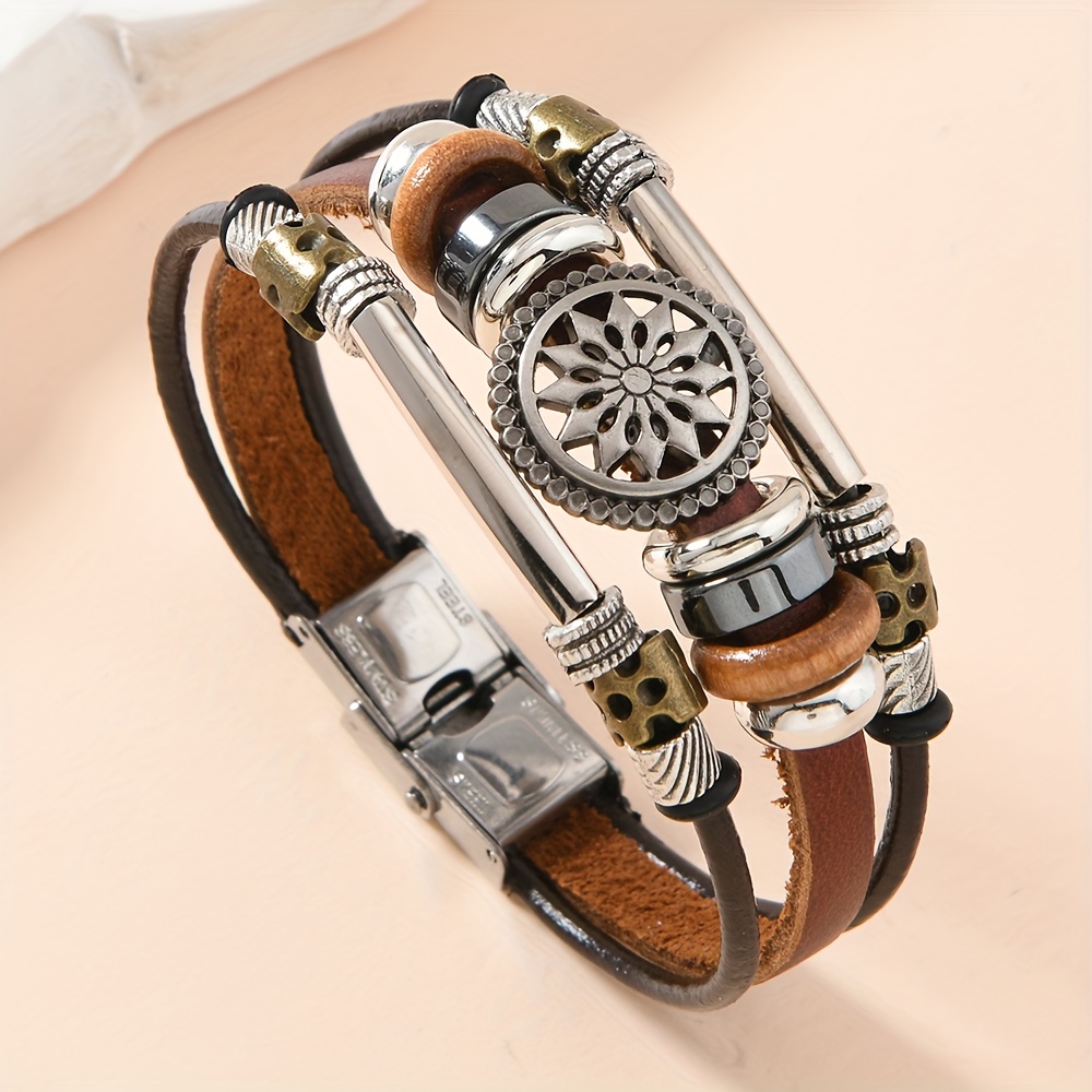 TEMU Pulsera de Estilo Bohemio Étnico de Cuero con Cuentas y Cierre de Acero Inoxidable a , Pulsera Unisex para