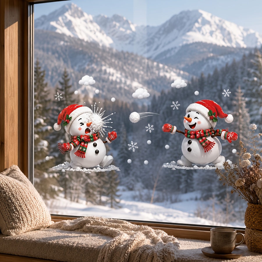 TEMU 2pcs, Snowball Snowman Window Stickers, Pair Interactive Snowmen Christmas Hat Plaid Scarf Clouds Snowflakes Winter Christmas Window Decals,