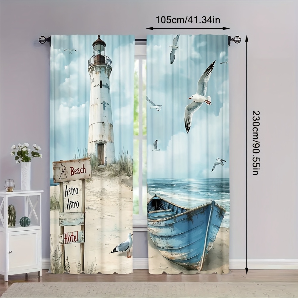 TEMU 2 pièces, Charme Côtier - Rideaux de Mode Toutes avec Design Plage & Phare, 100% Polyester, Adaptés pour Balcon et Décoration Maison ( tringle)