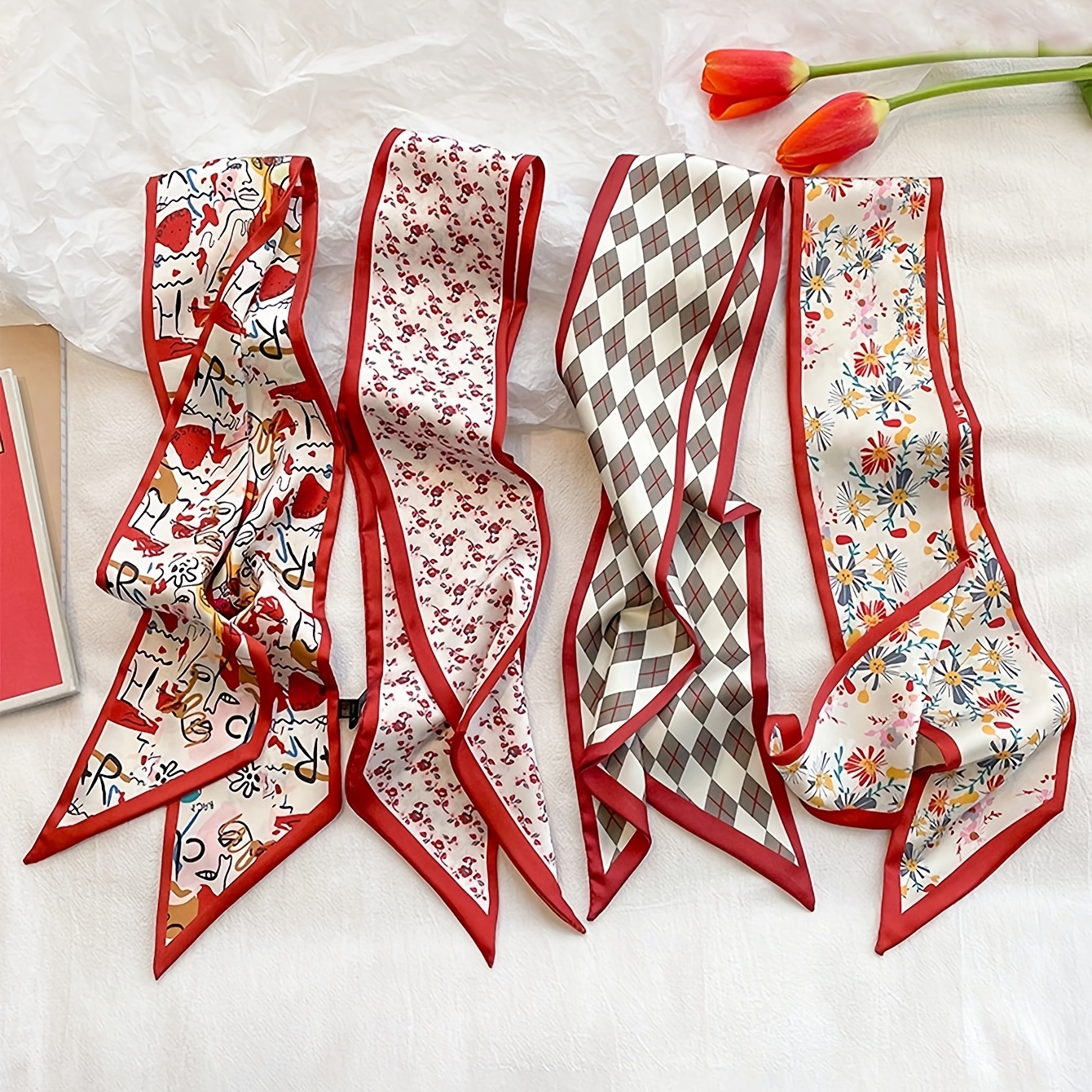 TEMU Set Of Red Hair Scarves (4pcs) - Multi-functional Scarf And Headband For Women's Hair Additions And Bag