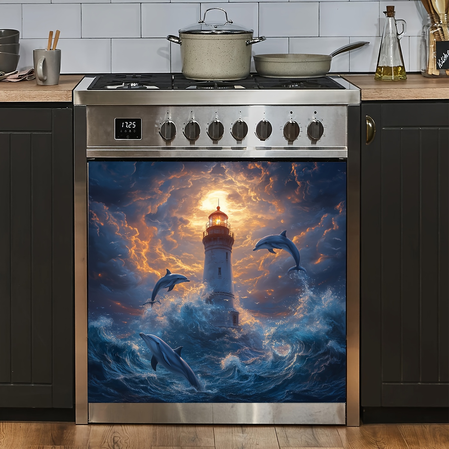 

1pc Dolphin & Lighthouse Scene Magnetic Dishwasher Door Cover | Easy-clean Vinyl, Needed | Adds Nautical Charm To Kitchen Decor, 23.03x25.59 Inch, Dishwasher Magnetic Cover Decorative