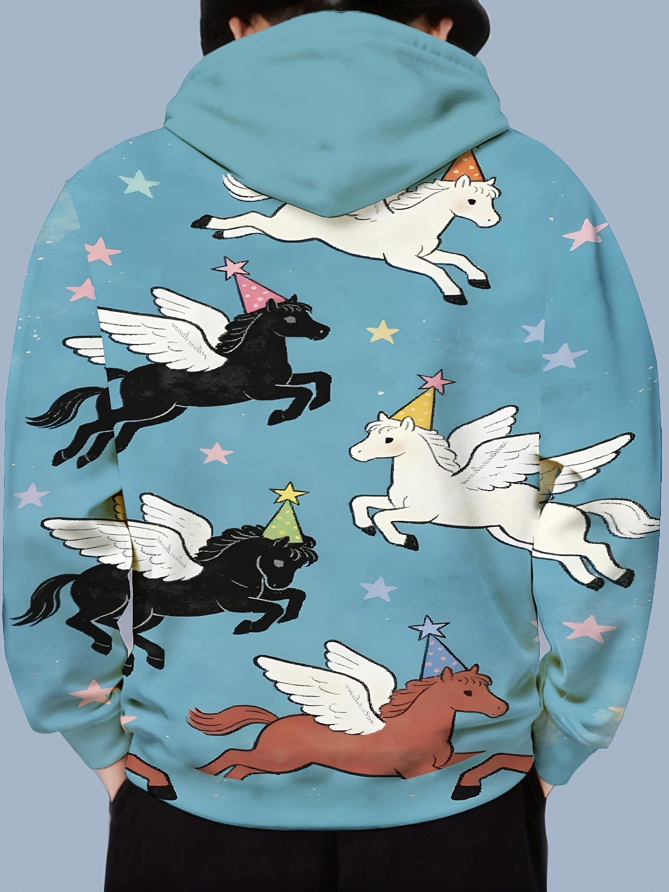 printed design not textured mens hooded sweatshirt light blue cartoon   and stars print for birthday parties casual and daily wear