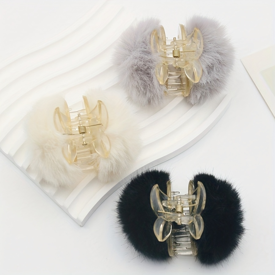 Image of 3pcs Set Of Cute Fluffy Ball Hair Clips For Women, Multiple Colors , Versatile For Daily Wear Or Special Occasions, Wearable Hair Accessories