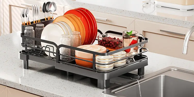 expandable dish drying rack extendable dish rack with spout collapsible dish dryer black large dish drainer for kitchen counter foldable dish drainer drying rack with cutlery holder Product details 6