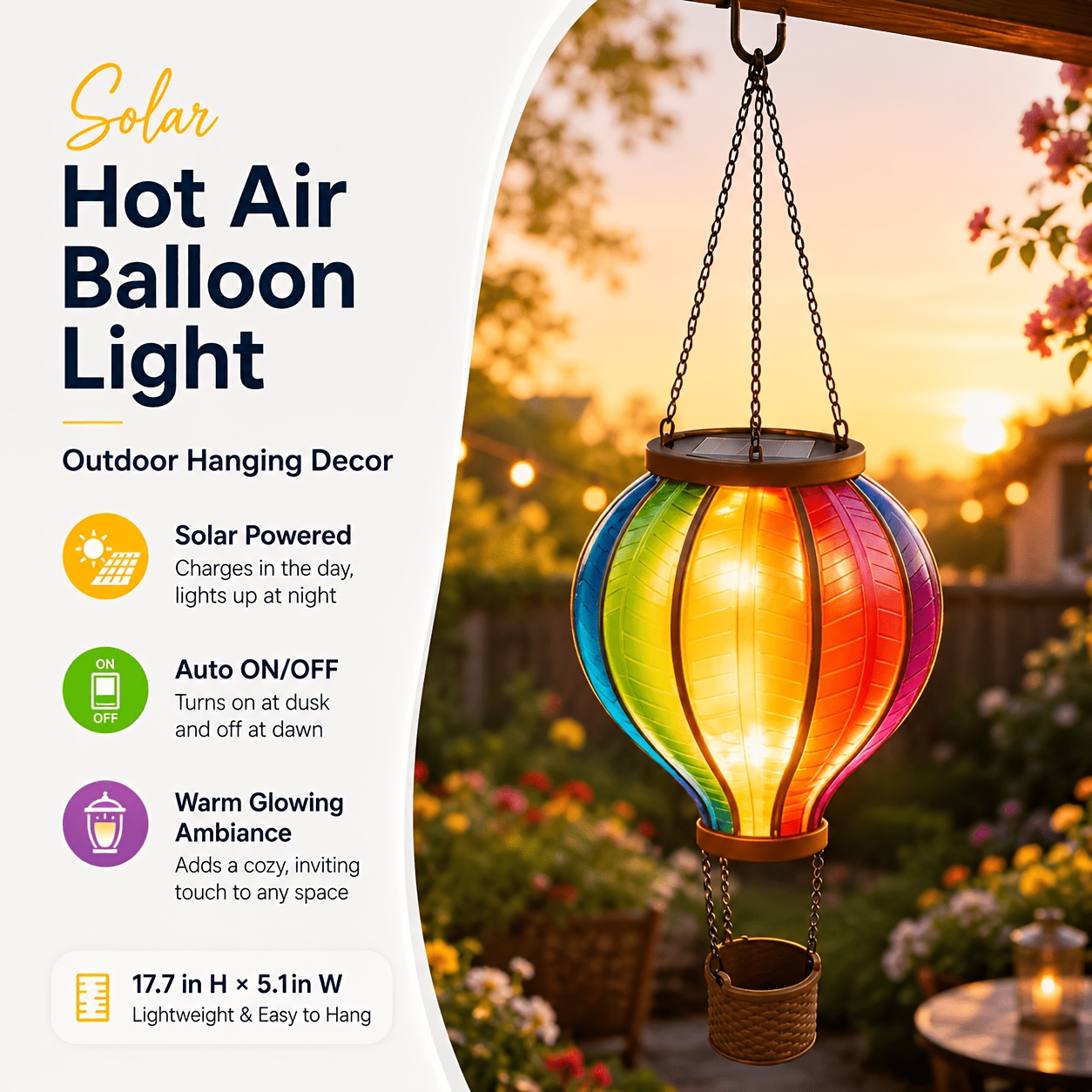 TEMU 1 Pack Solar Hot Air Balloon Light, Rainbow Multicolor Realistic Flickering Flame Led Hanging Lantern, Ip44 Solar Powered For Yard Garden Patio