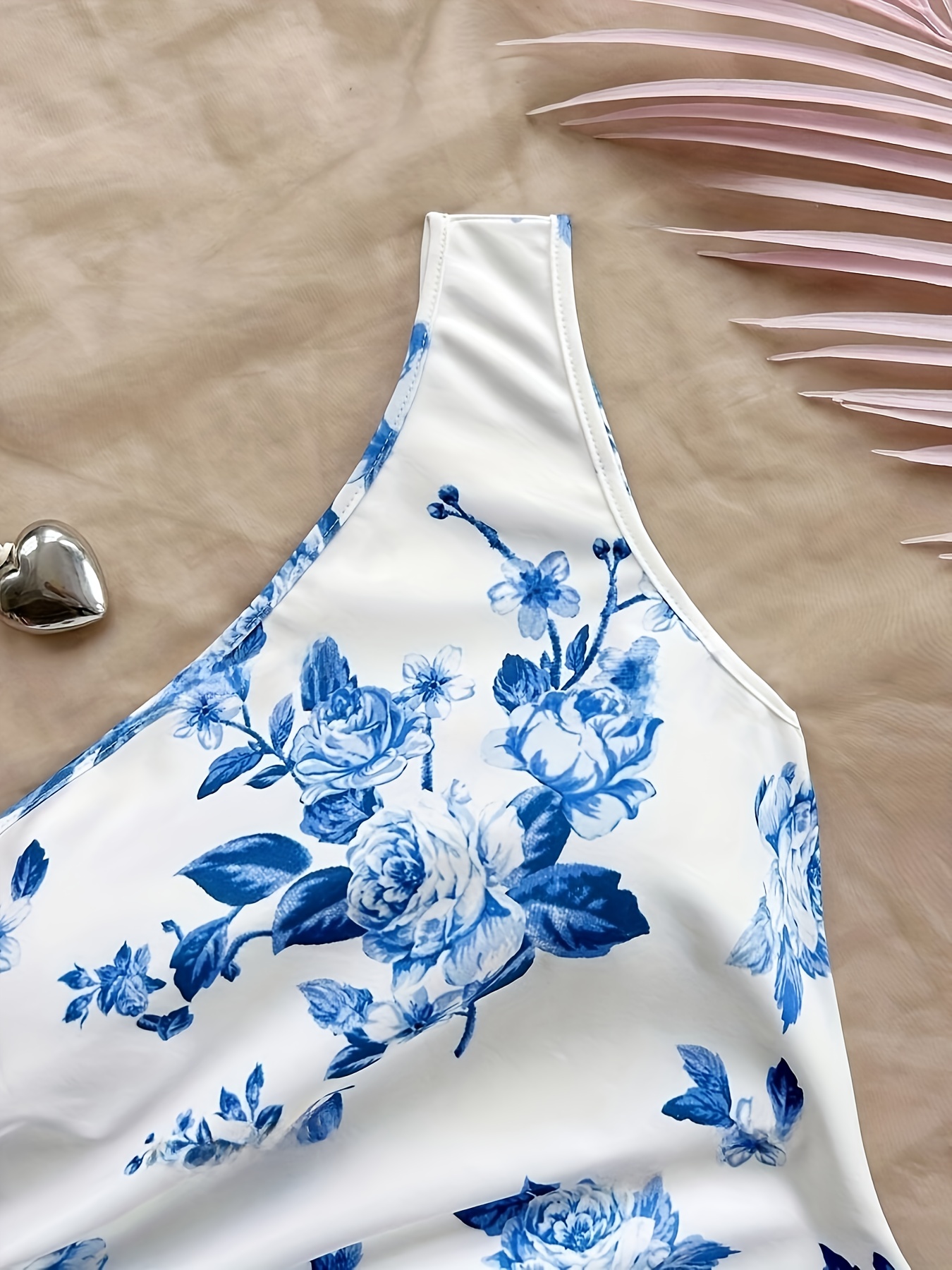 womens blue white floral print asymmetrical one shoulder - Temu Sri Lanka
