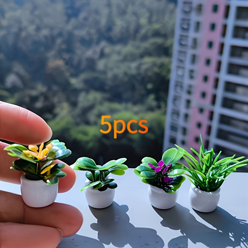 TEMU 5pcs Mini Artificial Potted Plants - Realistic Resin Bonsai And Floral Greenery, No Electricity Needed, Durable Square Pots, Suitable For