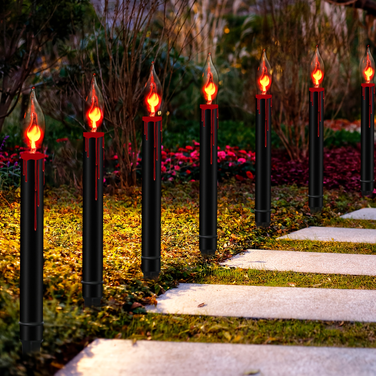 TEMU 19.5ft Halloween Lights Decorations, Candle Path Lights With 12pcs C7 Clear Flickering Flame Light Bulbs (2 Spare), E12 Base, Black Candle Lamps For Yards Lawn Decor Outdoor, Black Wire