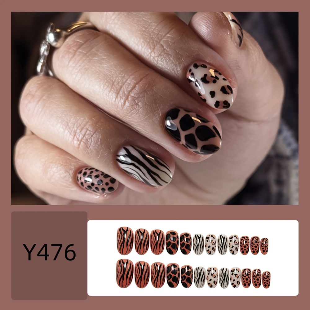 TEMU 24pcs Of Short Oval Decorative Nails. Retro With Animal Pattern Manicure. Glossy Manicure. Nail Design. Detachable Fake Nails. Press-on Nails.