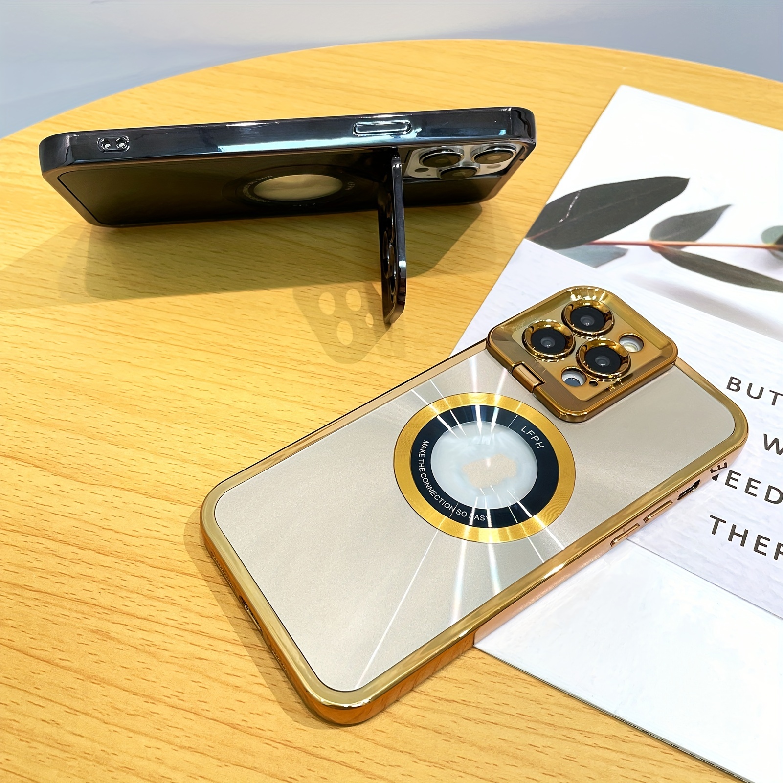 Dazzling Golden Lens Frame Nosilec, magnetna torbica za telefon za IPhone 14 Pro Max, zaščitna torbica za brezžično polnjenje_voghion.com