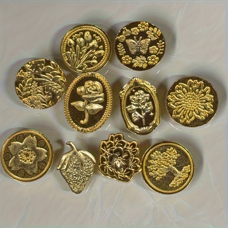 TEMU 10 piezas/juego de sellos de calco dorados, kit de sellos de cera de metal con varios patrones para sellar cartas, sello de cera, tarjetas de