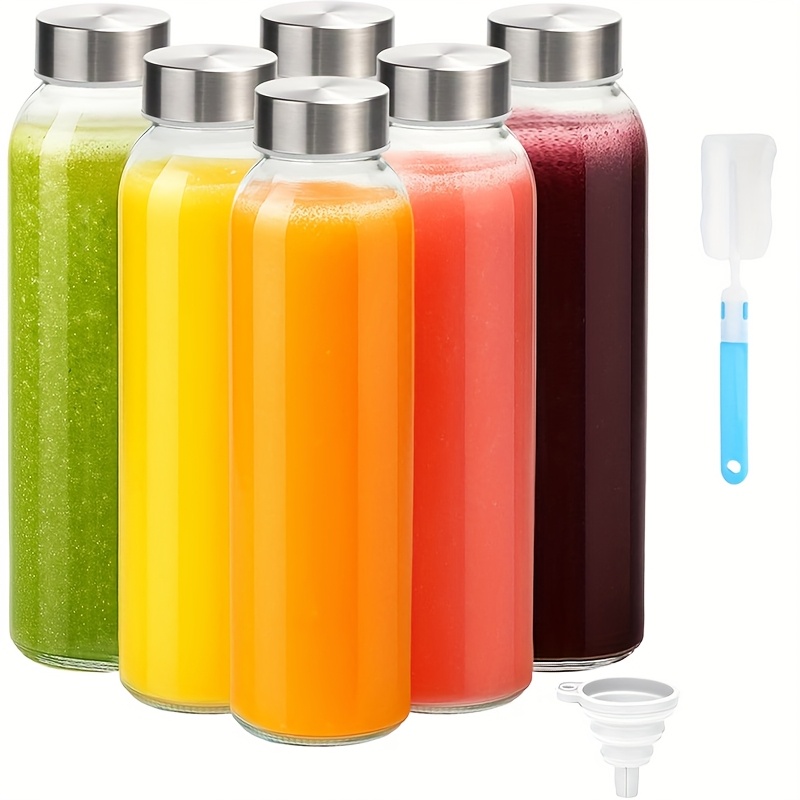 6 pack 18oz glass water bottles with lids reusable glass juicing bottles with stainless steel caps 100 leak proof juice containers for refrigerator smoothies beverages   cleaning brush funnel bpa free