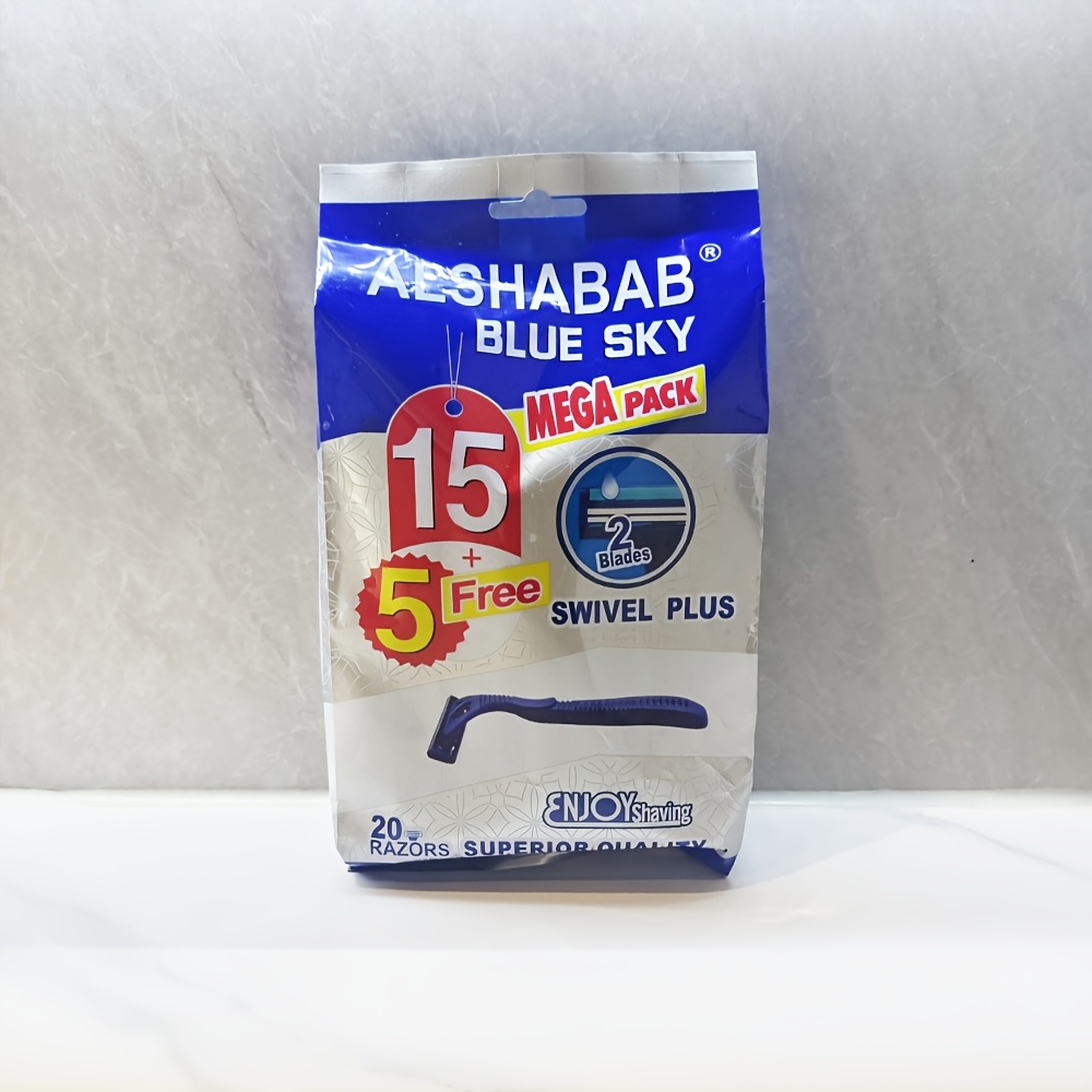 TEMU 20pcs Per Bag Men's Disposable Razors Double-layer Stainless Steel With Lubricating Strip Manual Shaving Knife Blue Plastic Handle Razor