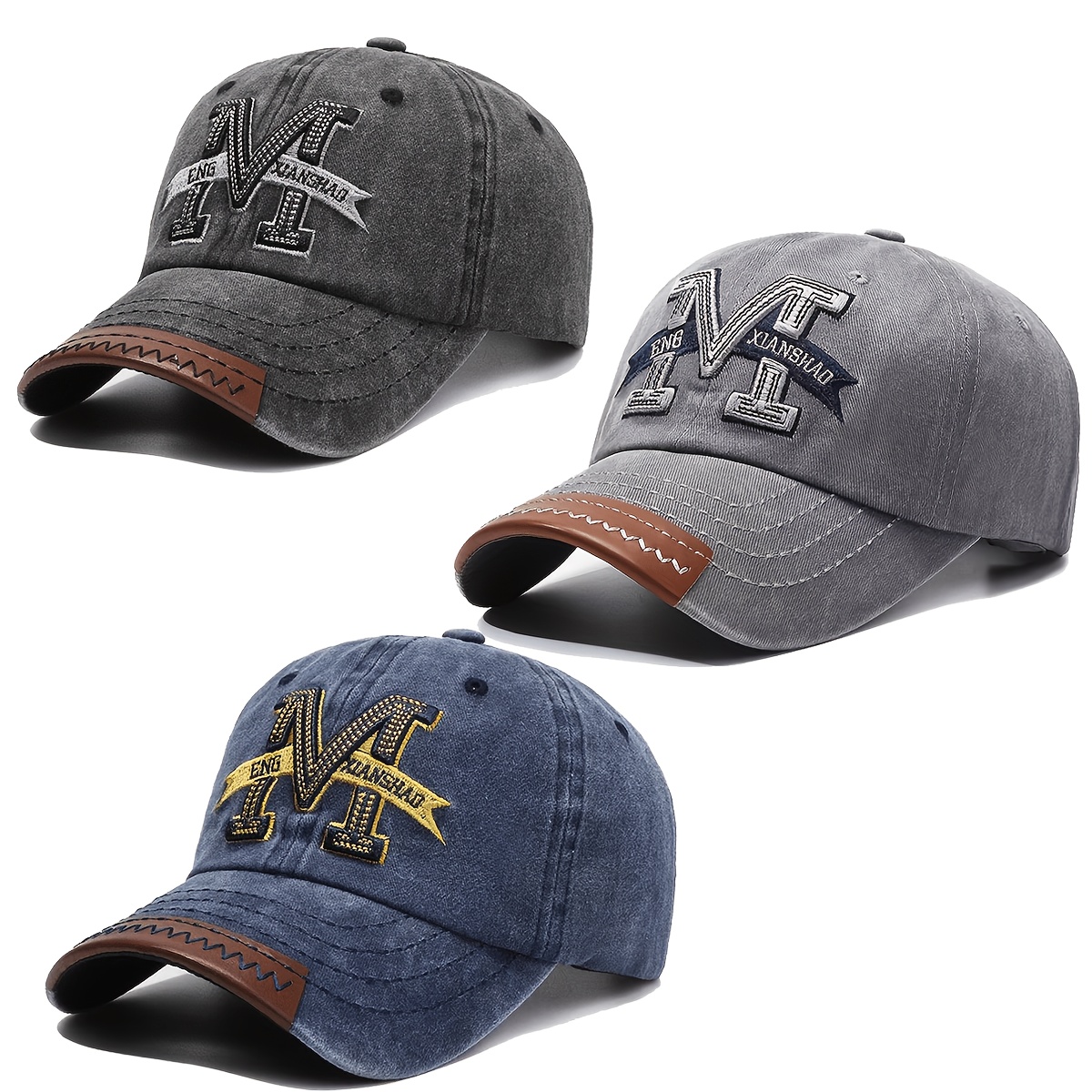 Image of 3pcs Vintage Baseball Caps, Unisex, Ideal For Outdoor Use. Made From Washed With Vintage "m" Letter Embroidery, This Baseball Cap Is A Stylish